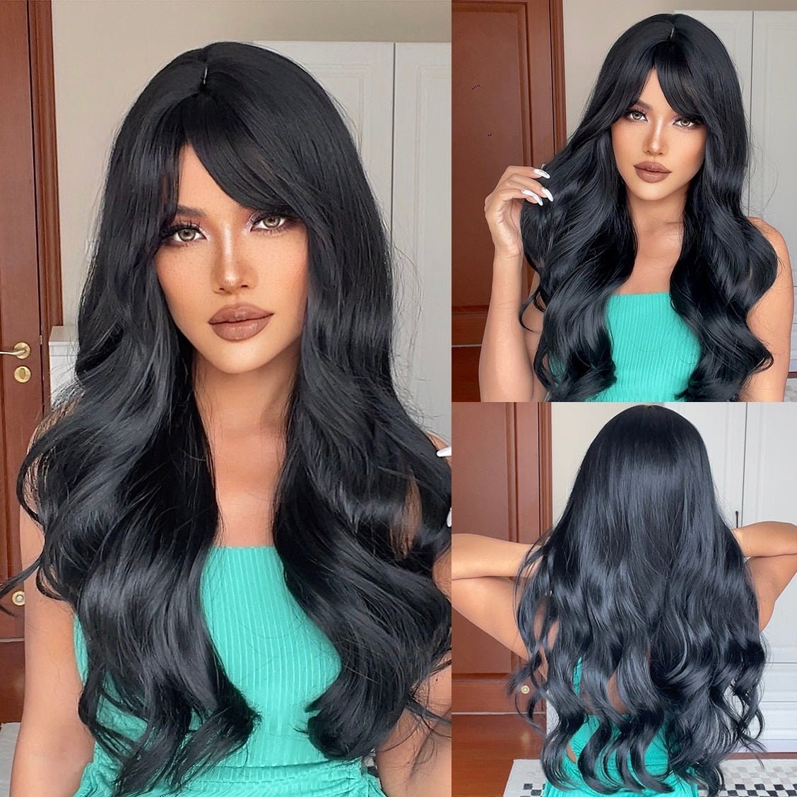Long Black Wavy Synthetic Wigs with Bangs Body Wave Wigs - HairNjoy