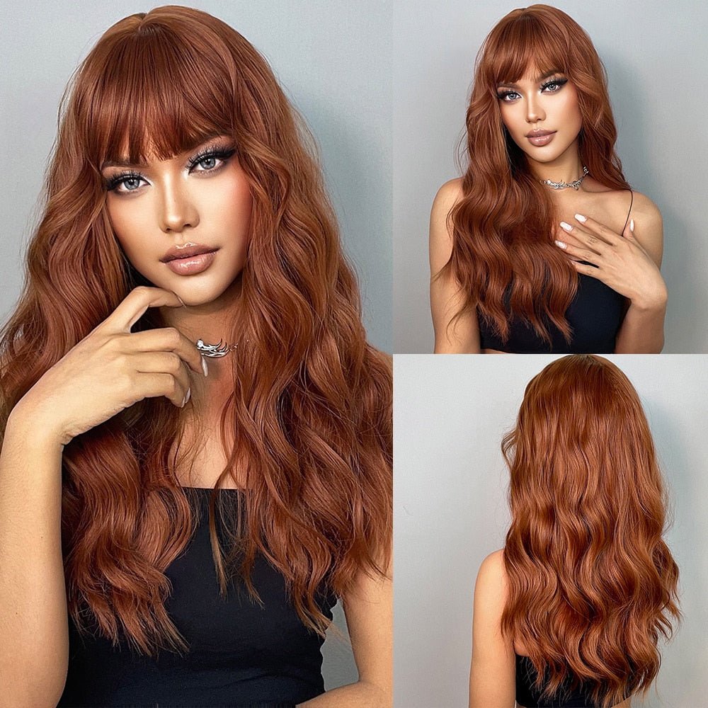Long Brown Blonde Wave Wigs with Bangs - HairNjoy
