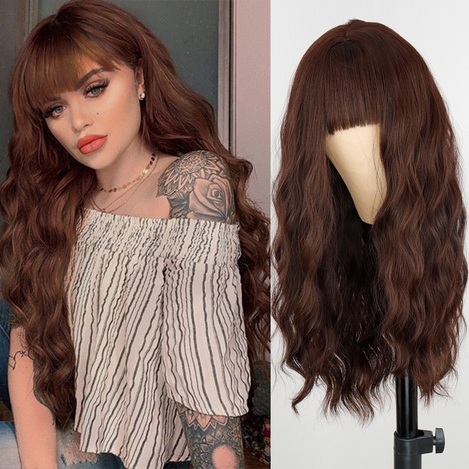 Long Brown Wavy Short Bob Synthetic Wig - HairNjoy
