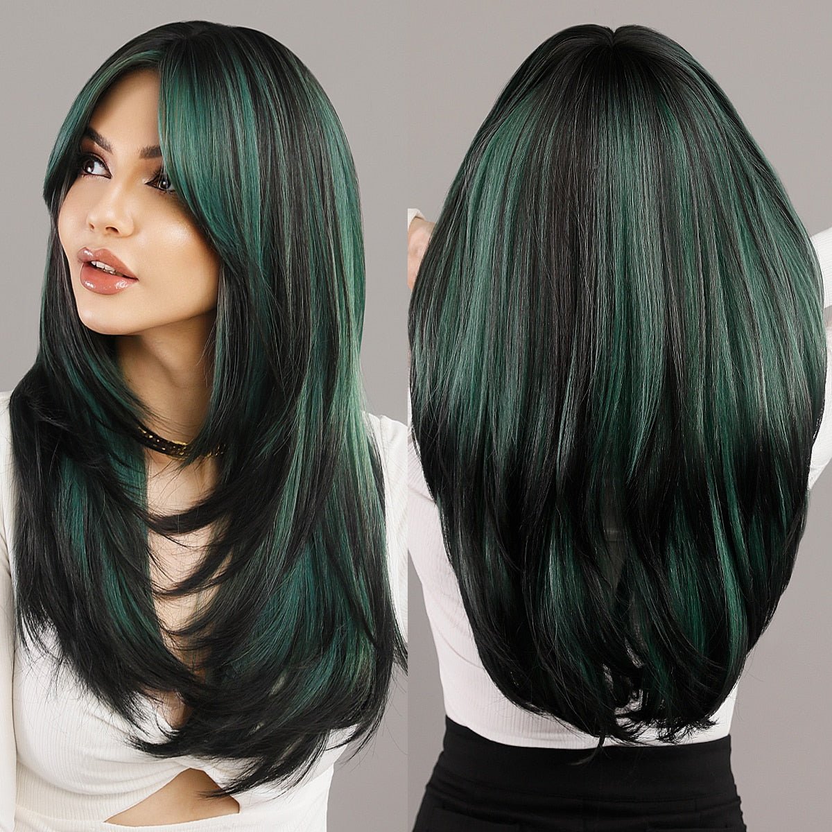 Long Straight Green Brown High Lights Wig - HairNjoy