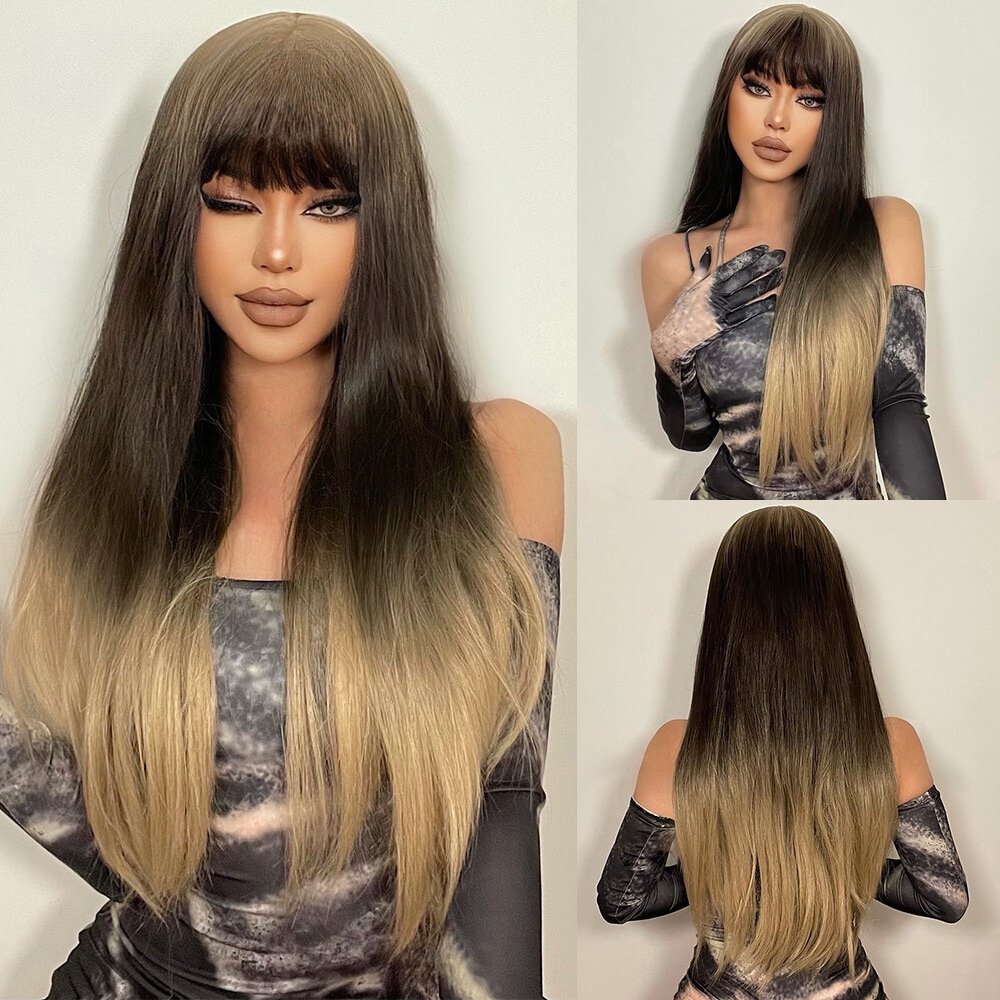 Long Straight Ombre with Bangs Synthetic Wig - HairNjoy