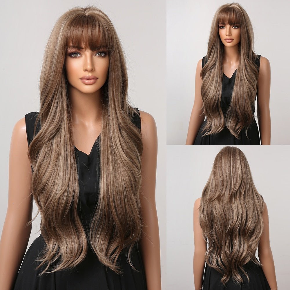 Long Wavy Brown Wigs with Bangs - HairNjoy
