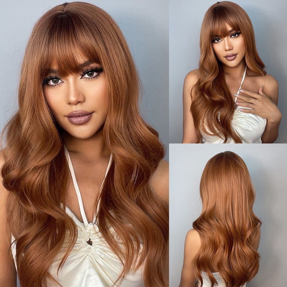 Long Wavy Golden Brown Wigs with Bangs - HairNjoy