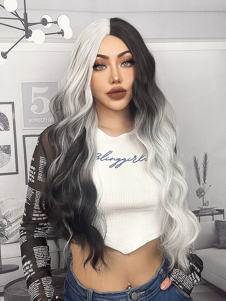 Long Wavy Ombre Black White Synthetic Wigs - HairNjoy