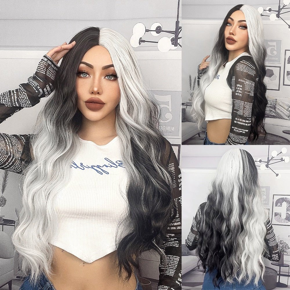 Long Wavy Ombre Black White Synthetic Wigs - HairNjoy