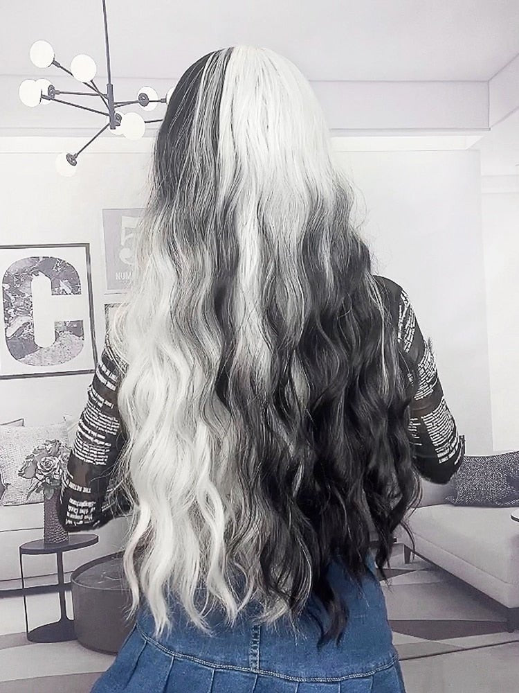 Long Wavy Ombre Black White Synthetic Wigs - HairNjoy
