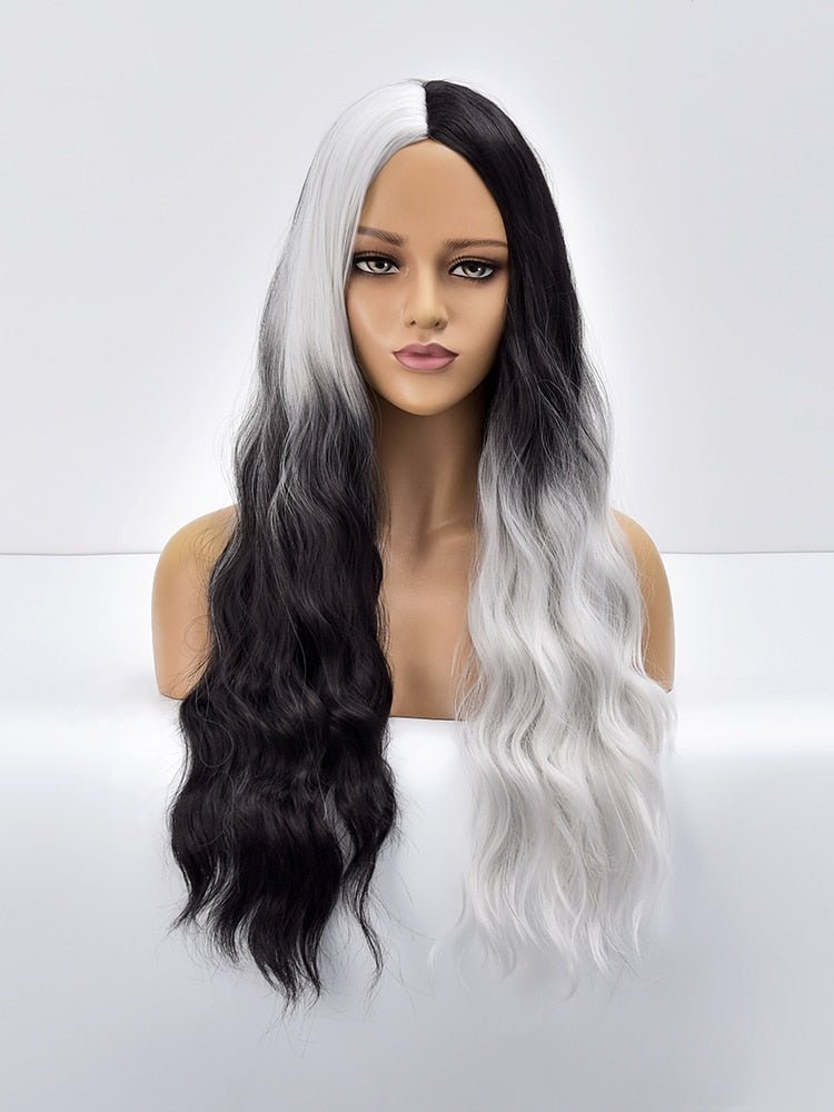 Long Wavy Ombre Black White Synthetic Wigs - HairNjoy