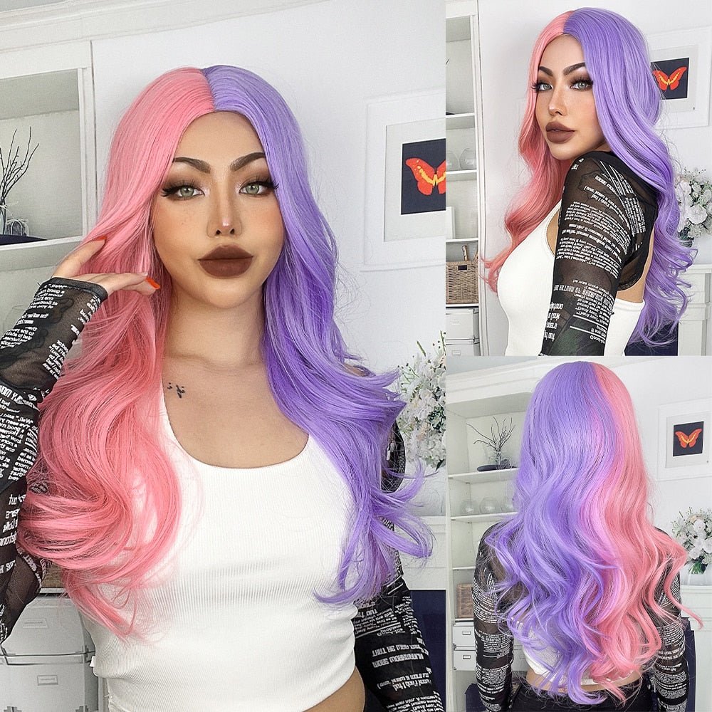 Long Wavy Ombre Purple Pink Synthetic Wigs - HairNjoy