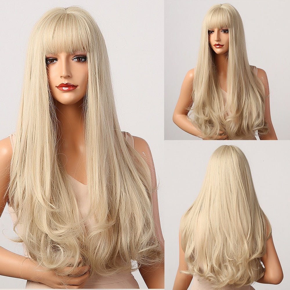 Long Wavy White Blonde Wigs with Bangs - HairNjoy