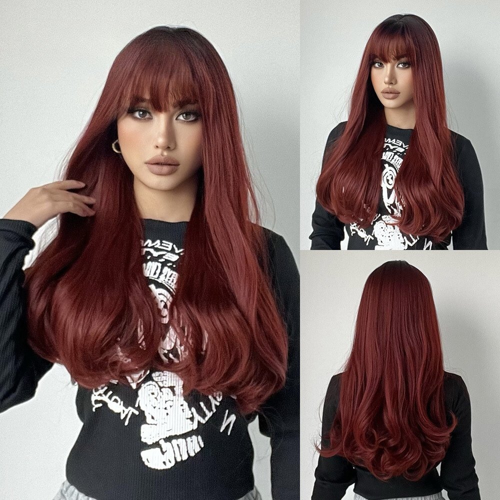 Long Wavy Wine Red with Bangs Synthetic Wig - HairNjoy