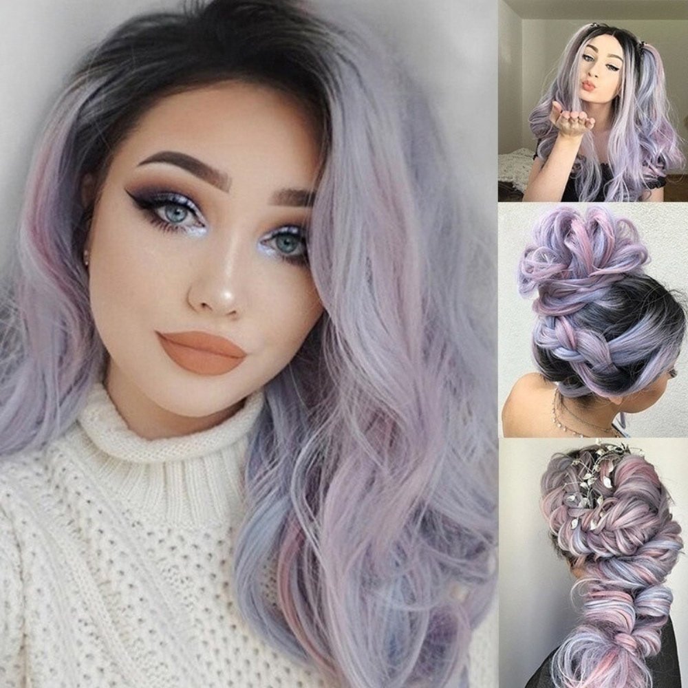Mixed Purple Black Wavy Full Synthetic Wig - HairNjoy