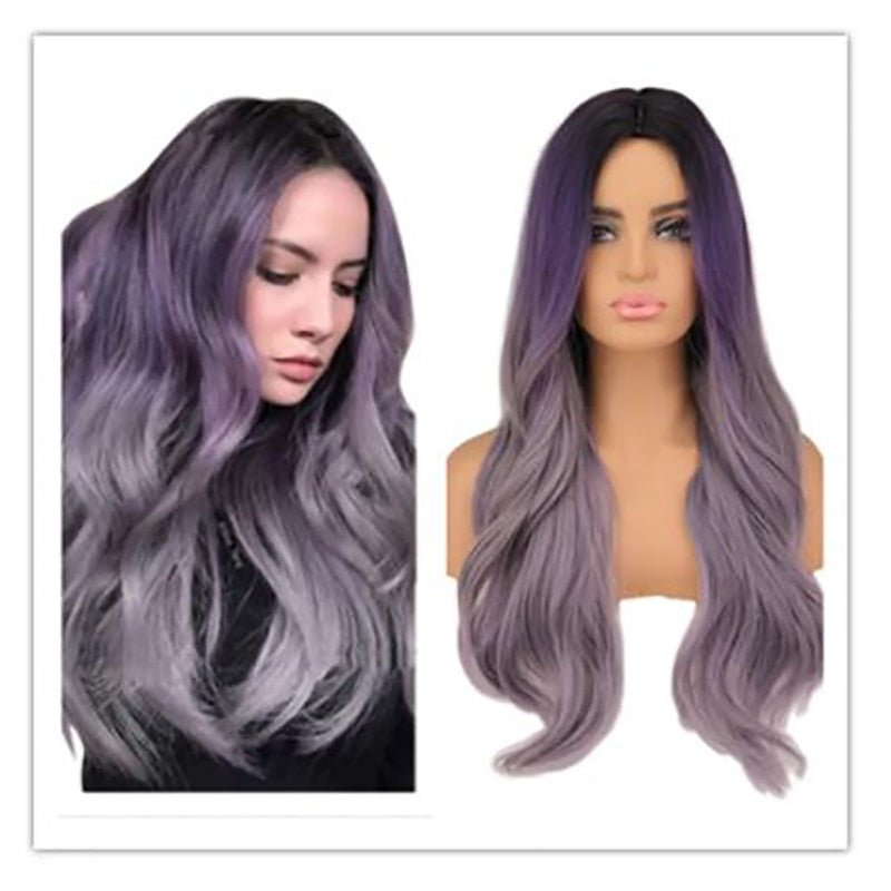 Ombre Black Purple Wavy Full Synthetic Wig - HairNjoy