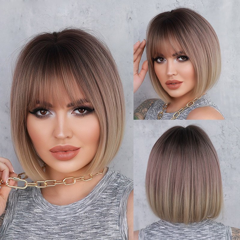 Ombre Brown Pink Blonde Short Bob Wigs - HairNjoy