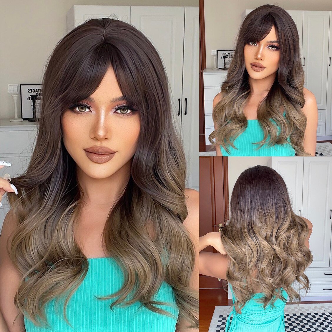 Ombre Long Wavy Synthetic Wigs with Bangs Body Wave Wigs - HairNjoy