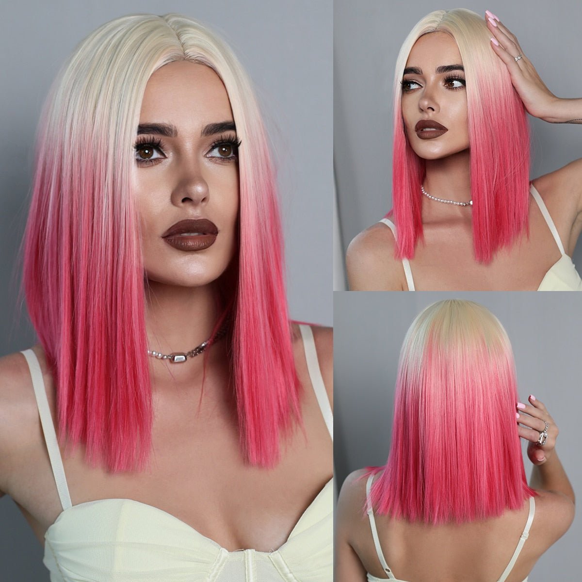 Ombre Pink Blonde Bob Wig with Bangs - HairNjoy