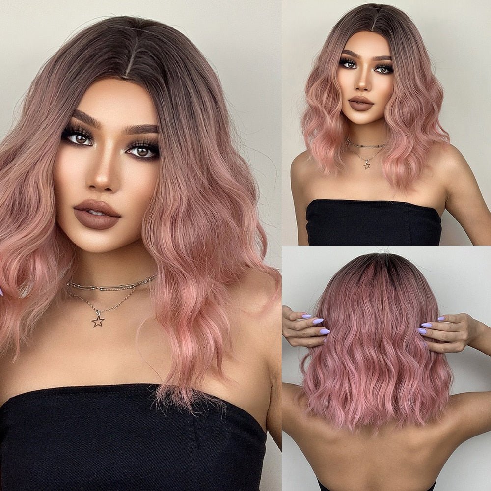 Ombre Pink Bob Wavy Synthetic Wig - HairNjoy