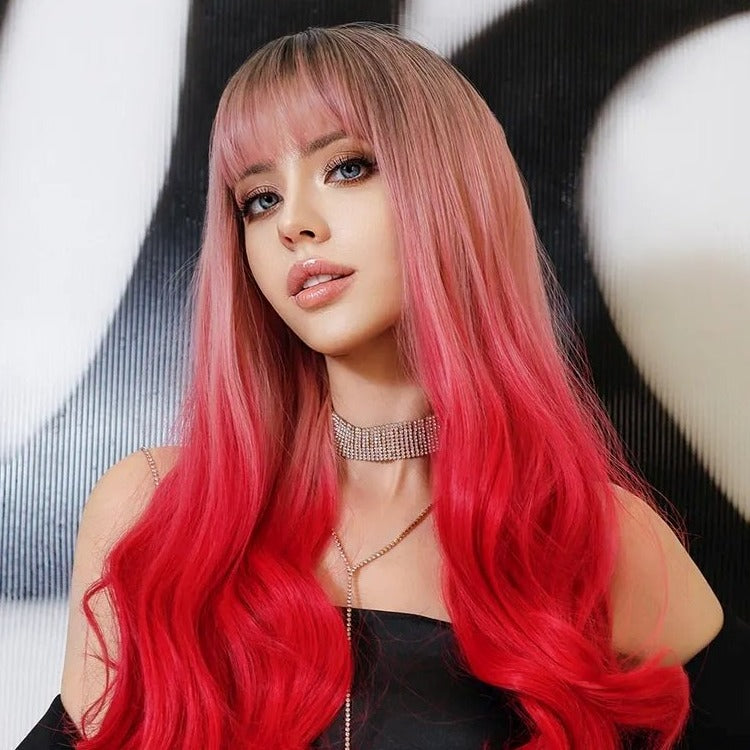 Ombre Pink Rose Red Wavy Wig with Bangs - HairNjoy