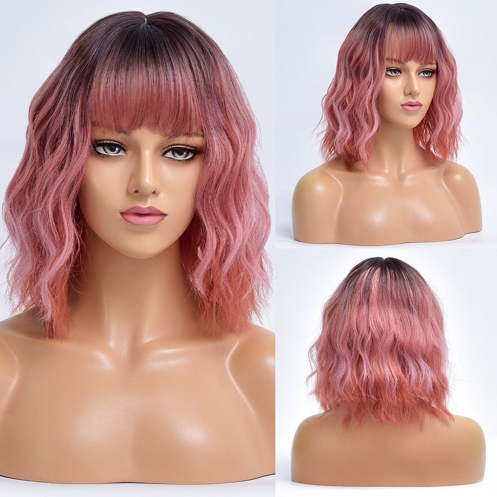Pink Bob Synthetic Wig with Bangs - HairNjoy