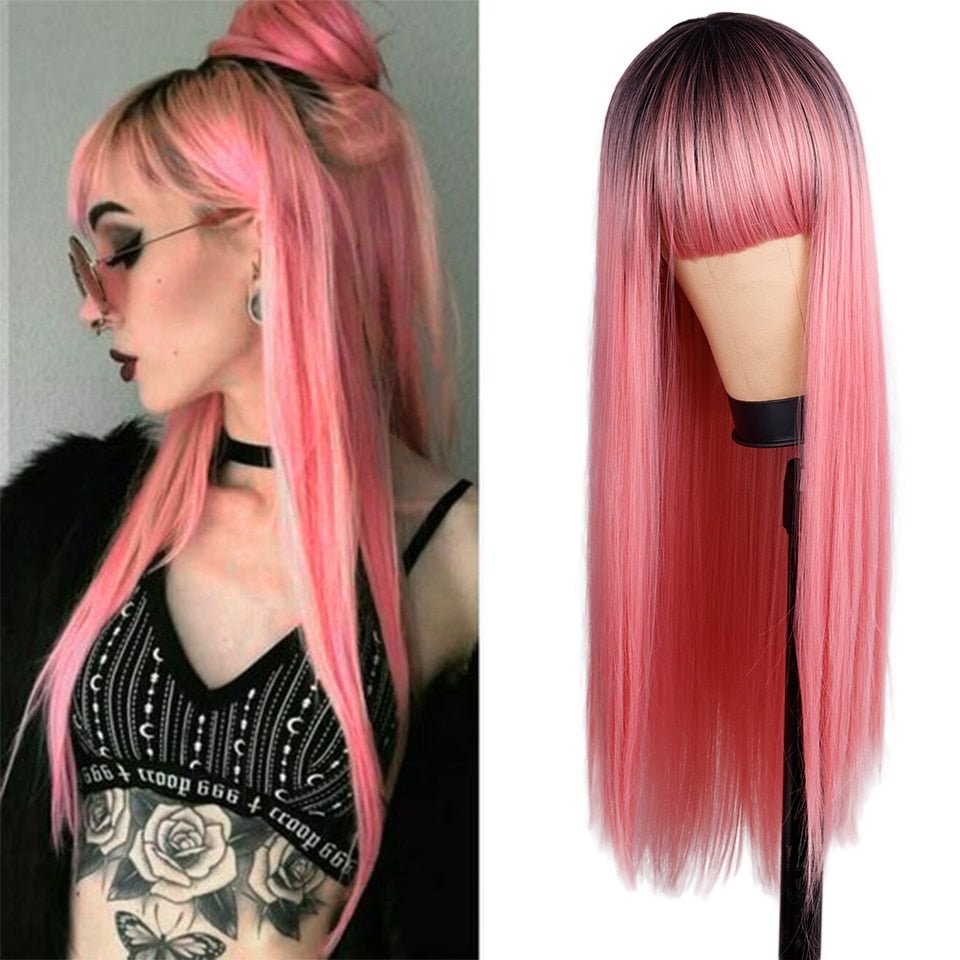 Pink Straight Wig with Bangs - HairNjoy