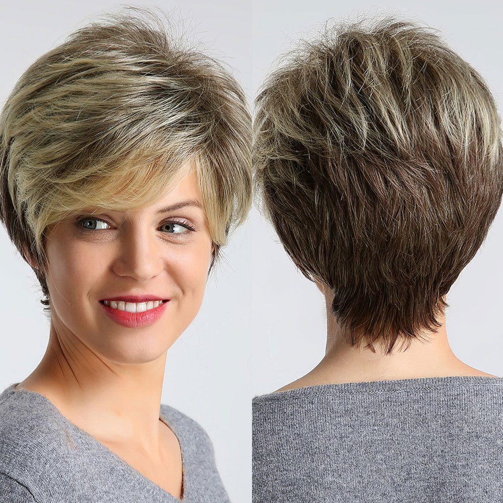 Short Blonde Brown Wigs with Bangs - HairNjoy