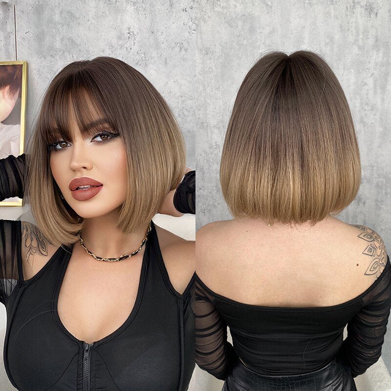 Short Bob Brown Straight Wig with Bangs - HairNjoy