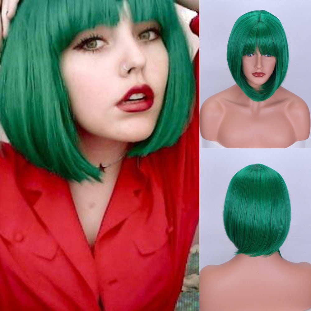 Short Bob Green Wig with Bangs - HairNjoy