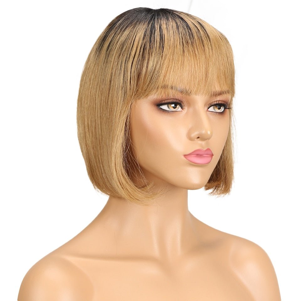 Short Bob Straight Remy Human Hair Wig With Bangs - HairNjoy