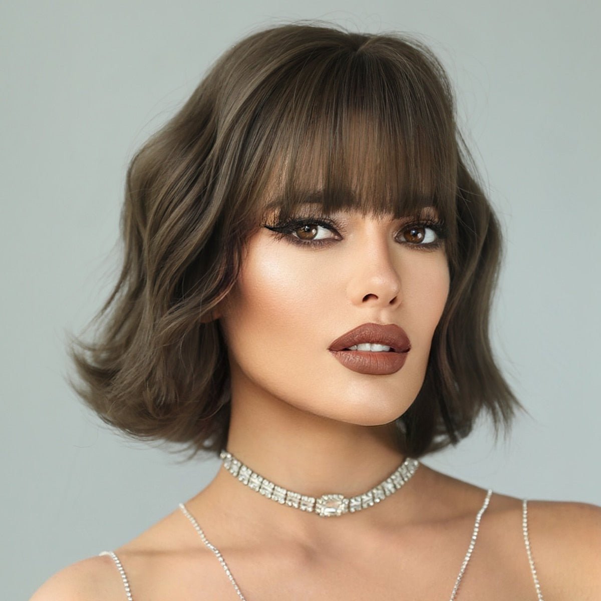 Short Bob Wavy Dark Olive Brown Wig with Bangs - HairNjoy