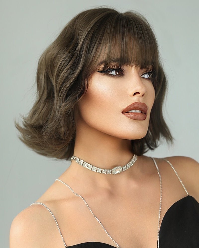 Short Bob Wavy Dark Olive Brown Wig with Bangs - HairNjoy