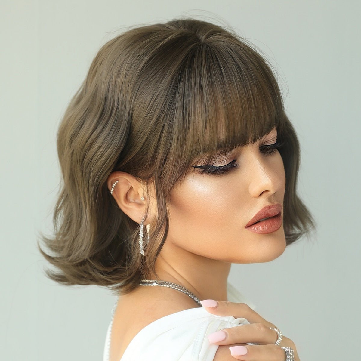 Short Bob Wavy Dark Olive Brown Wig with Bangs - HairNjoy