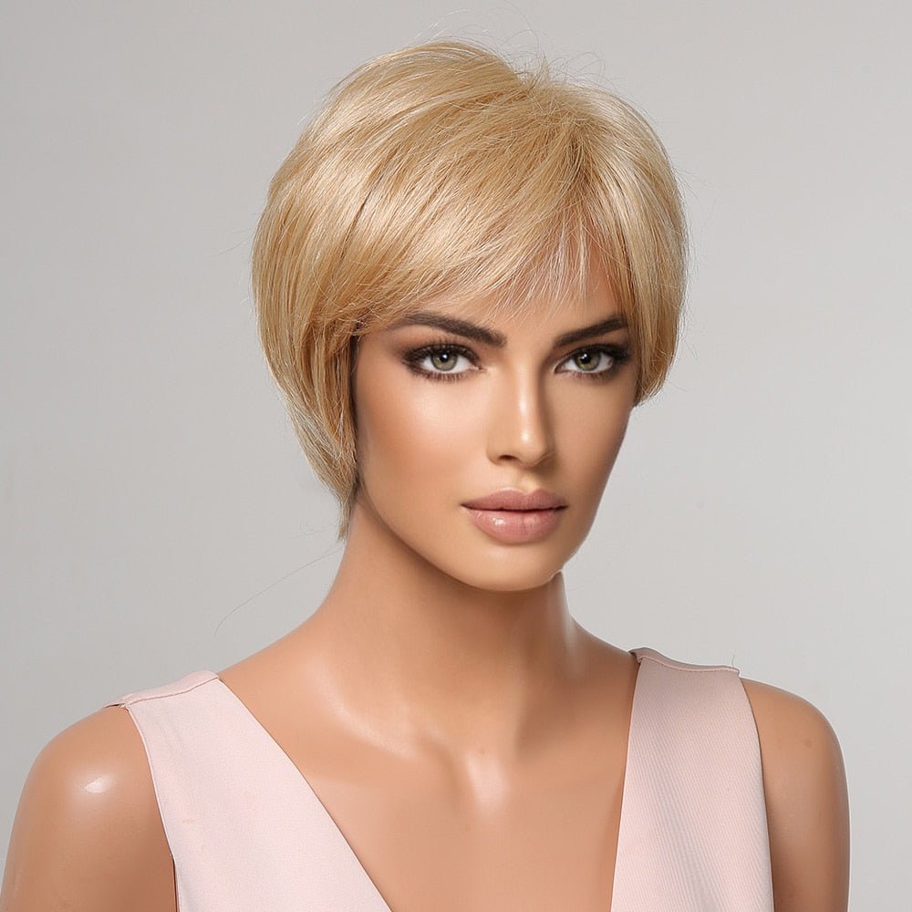 Short Pixie Blonde Silver Human Hair Blend with Bangs - HairNjoy