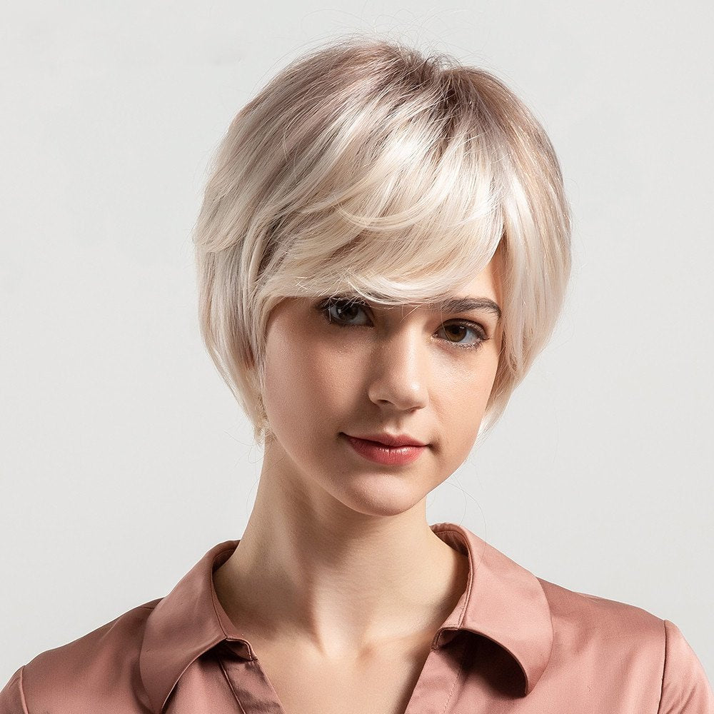 Silver Gray Blonde Black Pixie Human Hair Wig with Bangs - HairNjoy