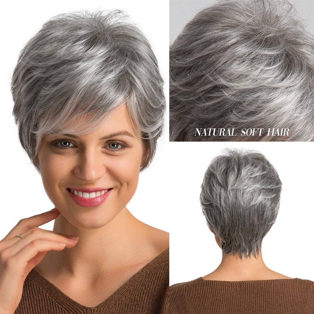 Silver Gray Blonde Black Pixie Human Hair Wig with Bangs - HairNjoy