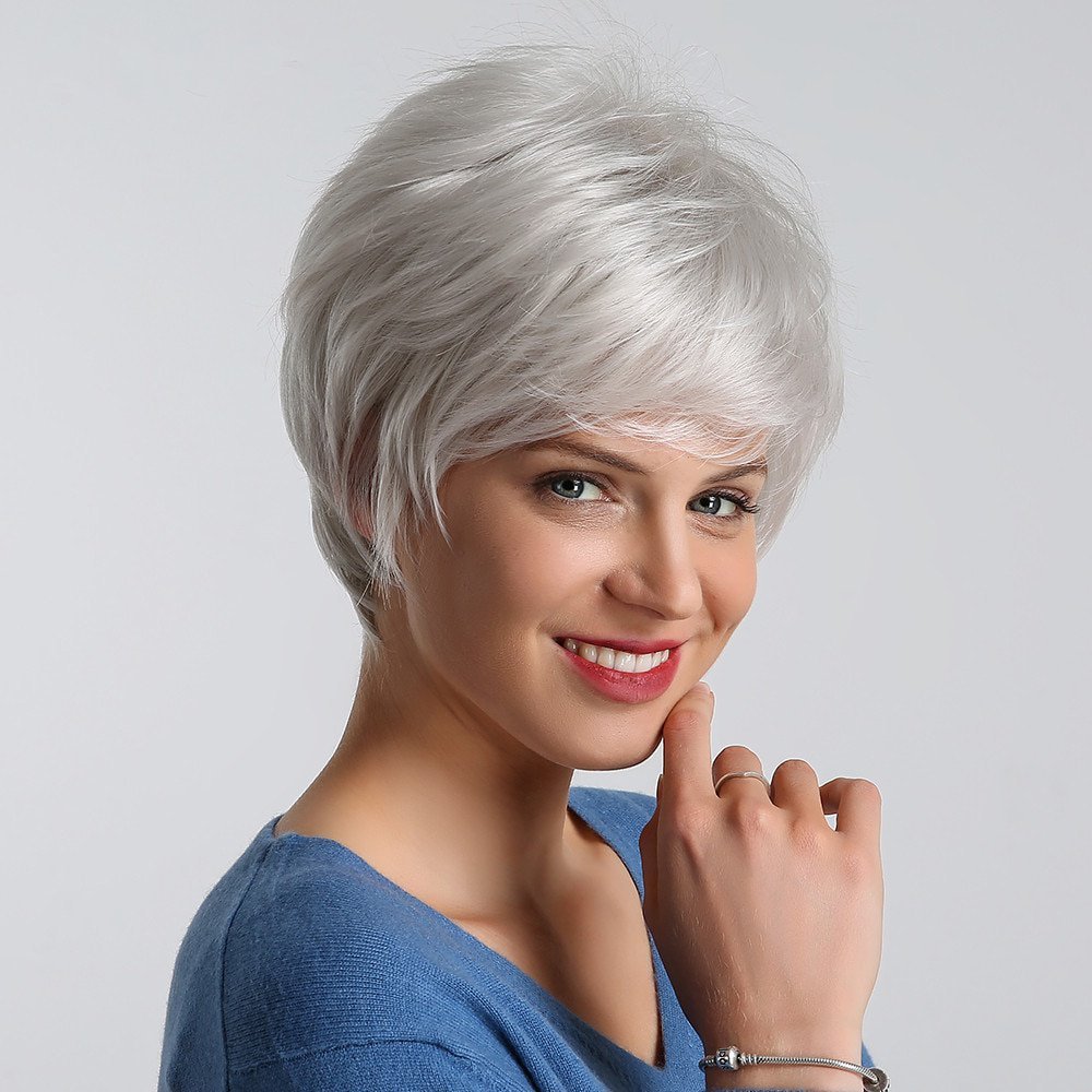 Silver Gray Blonde Black Pixie Human Hair Wig with Bangs - HairNjoy