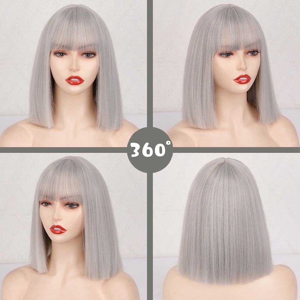 Silver Gray Bob with Bangs Short Synthetic Wigs - HairNjoy