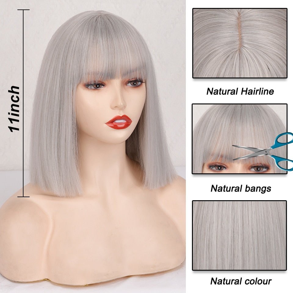Silver Gray Bob with Bangs Short Synthetic Wigs - HairNjoy