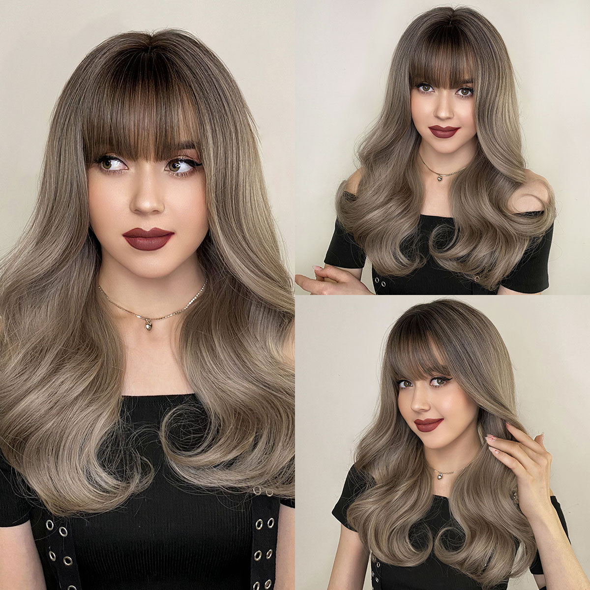 Smoky Khaki Wavy Wig with Bangs - HairNjoy