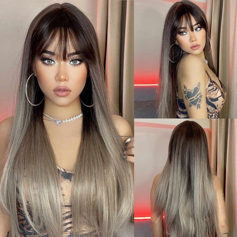 Straight Dark Root Ash Blonde Synthetic Wigs - HairNjoy