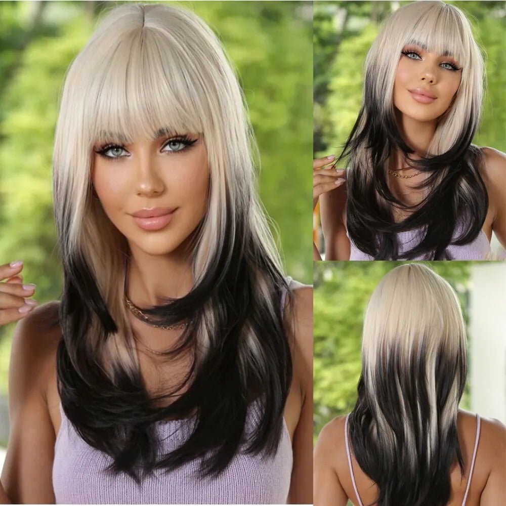 Synthetic White Gradient Black Layered Wigs - HairNjoy