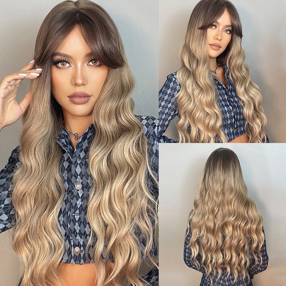 Wavy Light Brown High Light Wigs with Bangs - HairNjoy