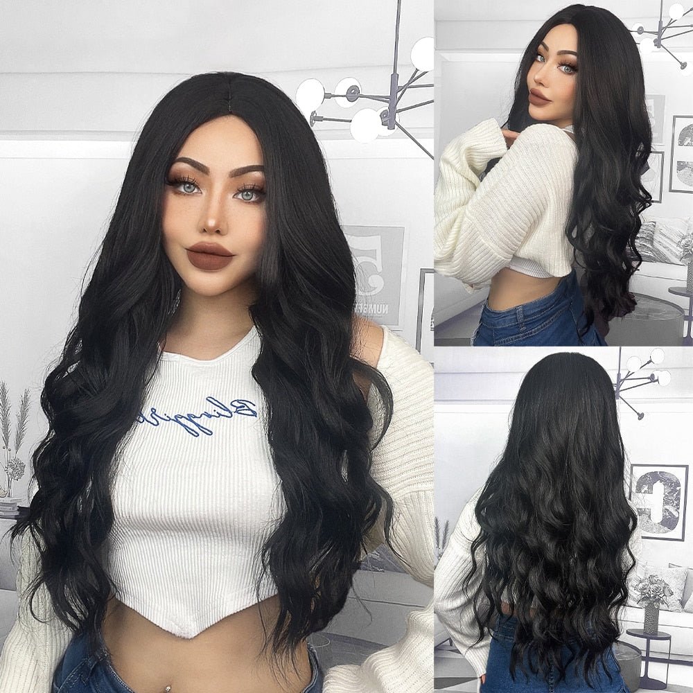 Wavy Long Black Synthetic Wigs - HairNjoy