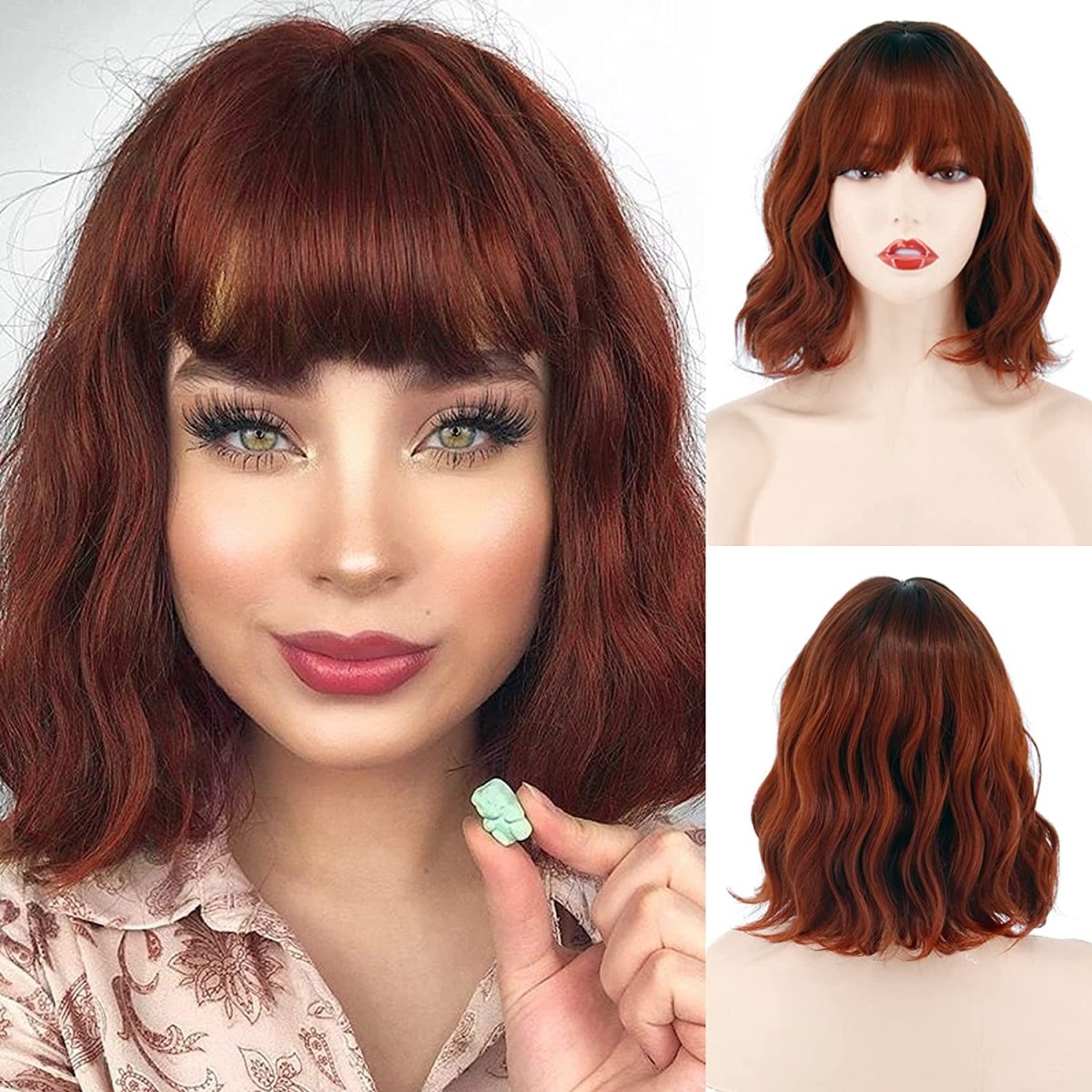 Wavy Short Bob with Bangs Synthetic Wigs - HairNjoy