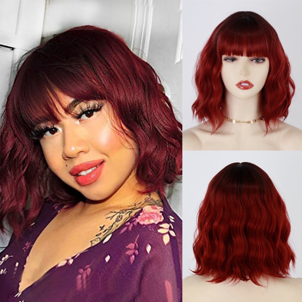 Wine Red Wavy Short Bob Synthetic Wigs - HairNjoy