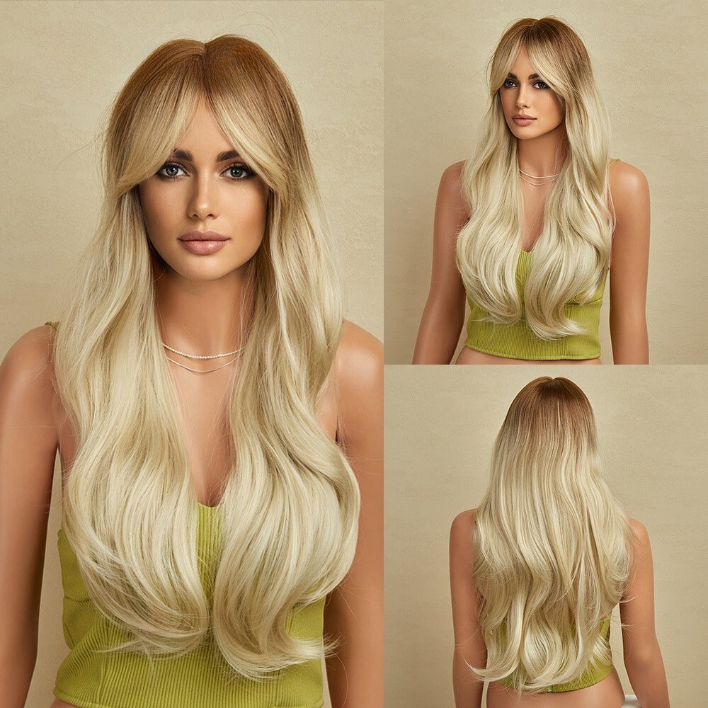 Yellow Long Wavy Dark Root with Bangs Wig - HairNjoy