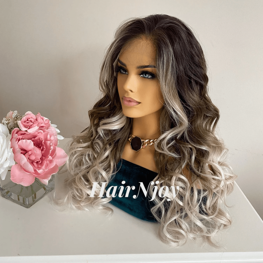 Ash Blonde Ombre Wavy Wig with Dark Roots - HairNjoy
