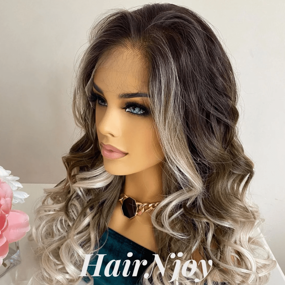 Ash Blonde Ombre Wavy Wig with Dark Roots - HairNjoy