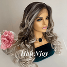 Ash Blonde Ombre Wavy Wig with Dark Roots - HairNjoy