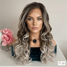 Ash Blonde Ombre Wavy Wig with Dark Roots - HairNjoy