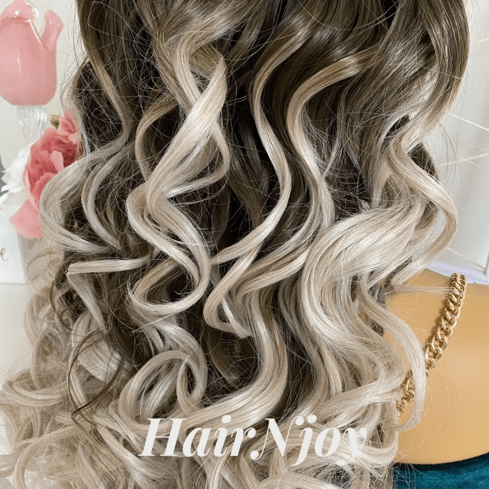 Ash Blonde Ombre Wavy Wig with Dark Roots - HairNjoy