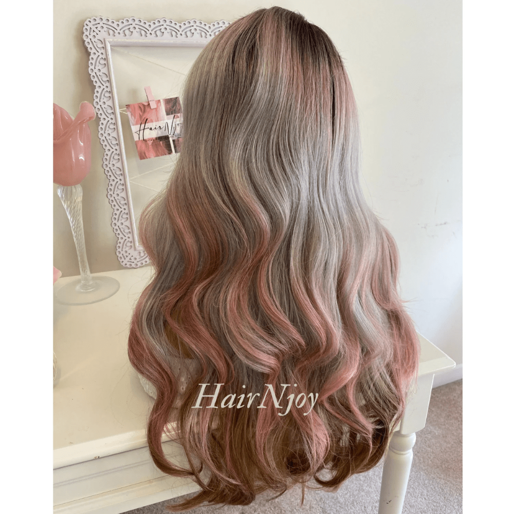 Ash Pink Gray Ombre Highlight Wavy Lace Front Wig - HairNjoy